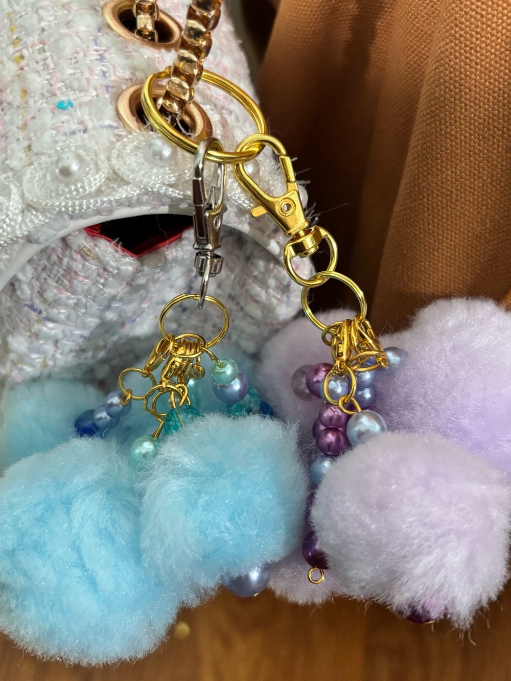 Plush chunky and bulky Pom Pom Bag Charm Keychain - Blue & Lavender
